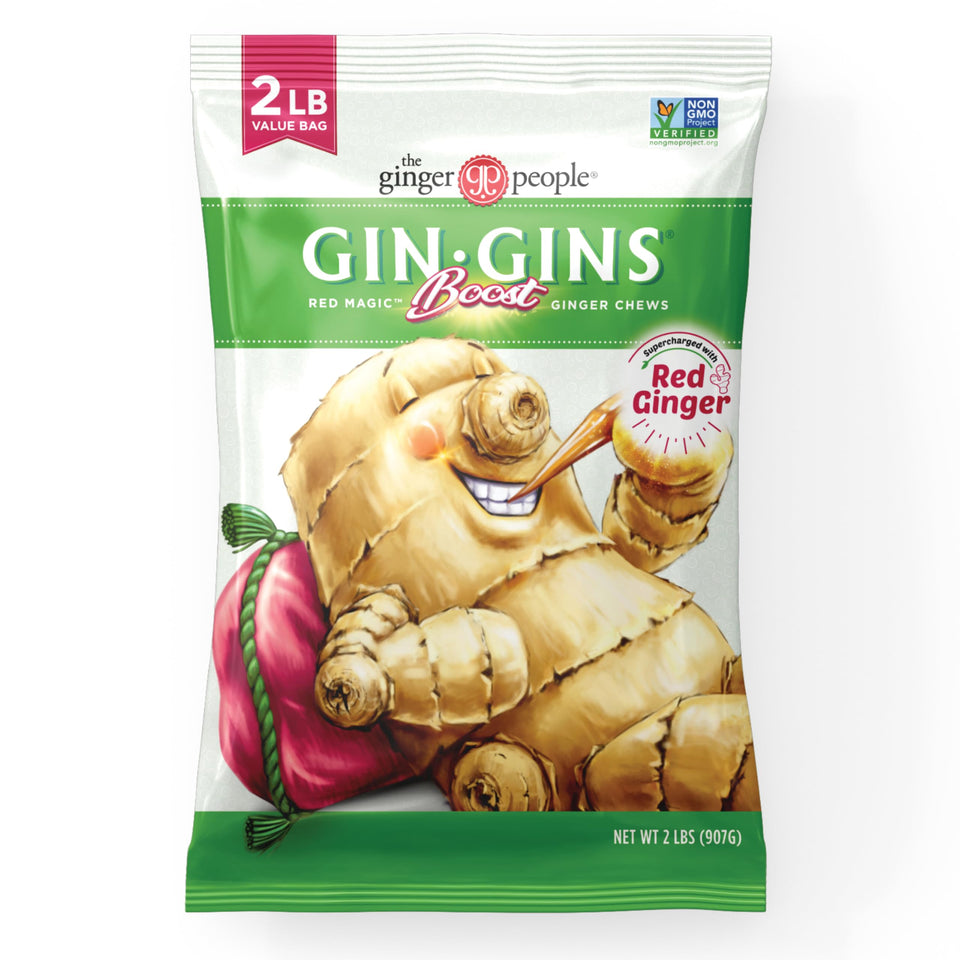 The Ginger People GIN GINS Boost Red Magic Chews pack shows bold flavor and digestive potential