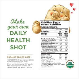 The Ginger People ingredients graphic, showing unsweetened, non-GMO, gluten-free ginger.