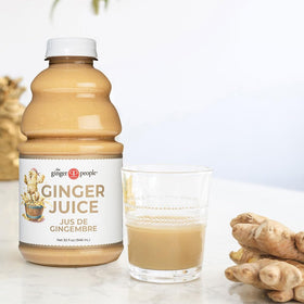 Close-up of The Ginger People label highlighting 99% pure juice