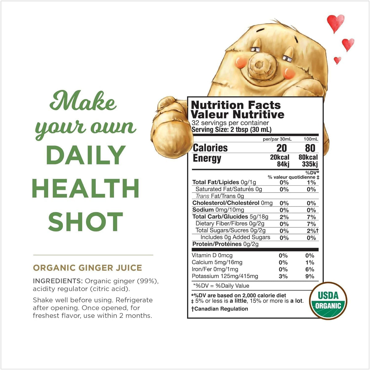 Label close-up showing 99% organic ginger and no artificial ingredients