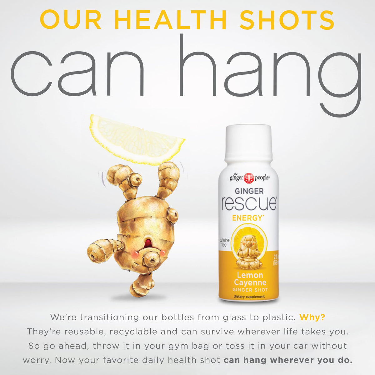Ginger Rescue Shot label — lemon and cayenne flavor with ginger for digestion and circulation.