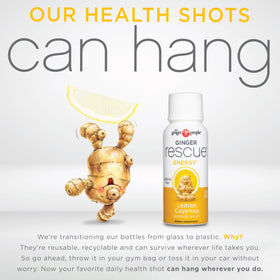 Ginger Rescue Shot label — lemon and cayenne flavor with ginger for digestion and circulation.