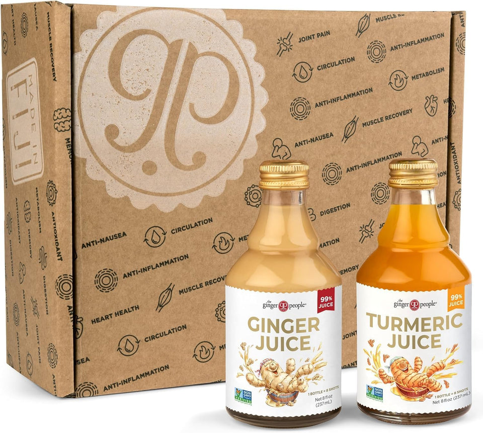 The Ginger People two-pack ginger-turmeric juice bottles for daily wellness.
