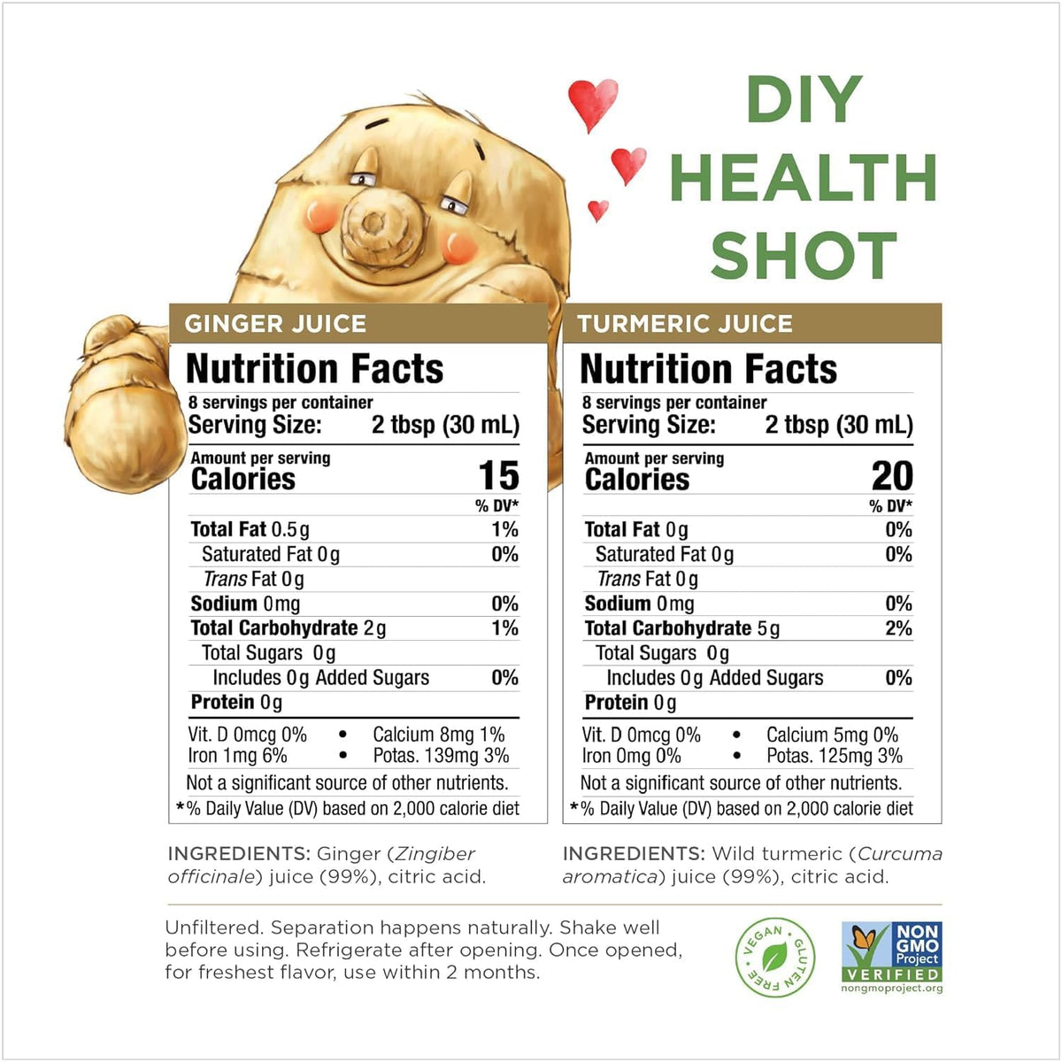 The Ginger People juice bottle highlights unsweetened ingredients and no artificial additives.