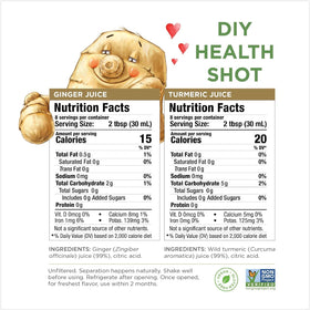 The Ginger People juice bottle highlights unsweetened ingredients and no artificial additives.
