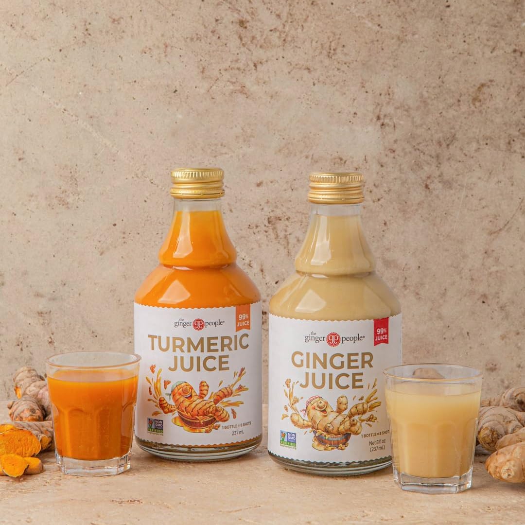 Close-up of The Ginger People juice label showing no added sugar.