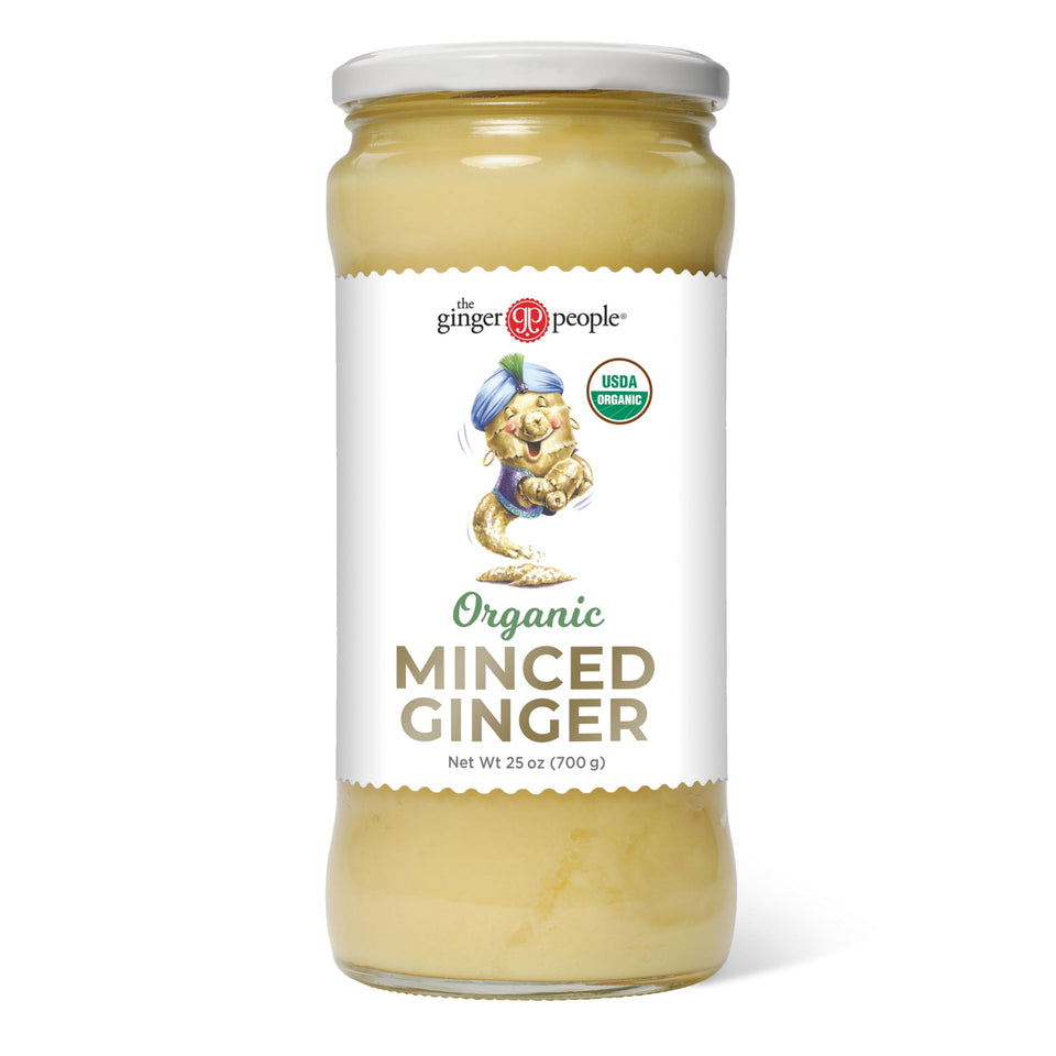 The Ginger People organic minced ginger bottle shows a convenient ready-to-use spice for recipes.
