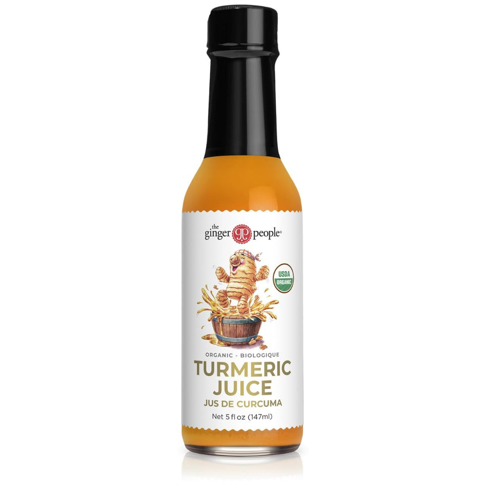 The Ginger People turmeric juice bottle front shows unsweetened, pure turmeric for daily wellness.