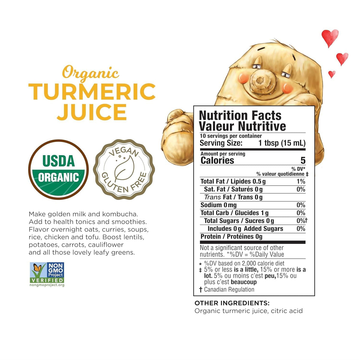The Ginger People turmeric juice bottle over white background conveys purity.
