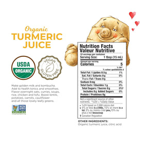 The Ginger People turmeric juice bottle over white background conveys purity.