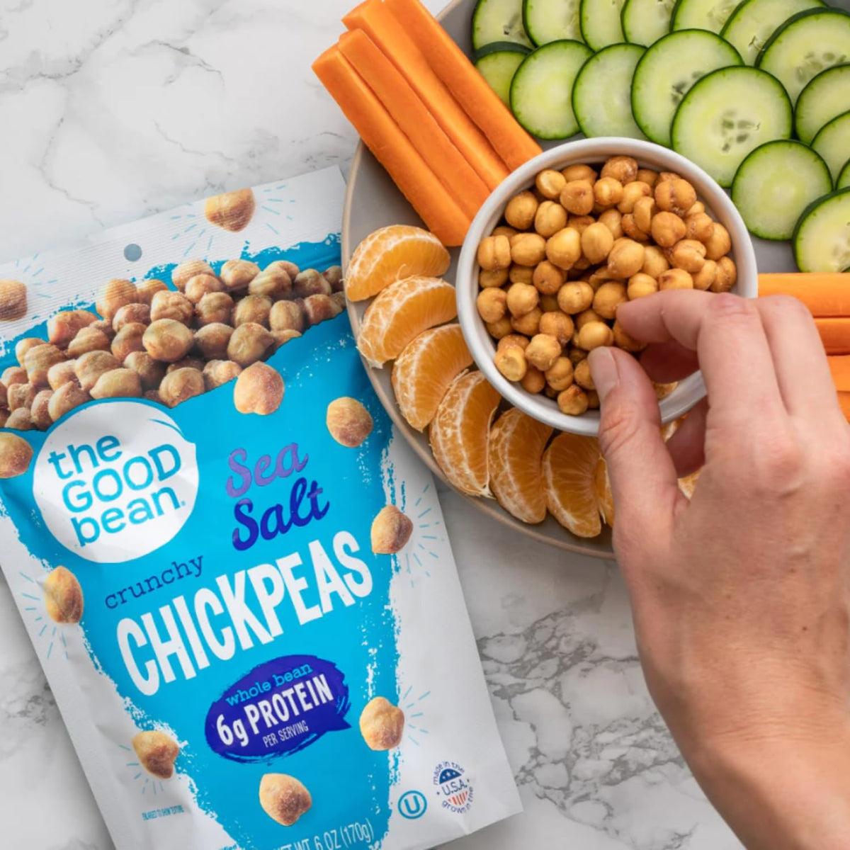 The Good Bean chickpeas salad topping demonstrates easy, delicious add-in for meals.
