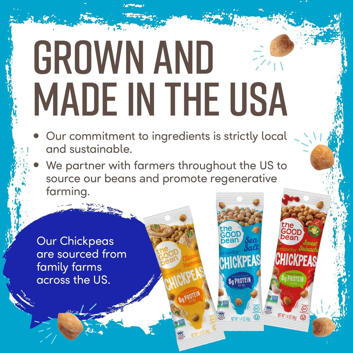 The Good Bean Crunchy Chickpeas Classic Hummus bag adds texture to meals.