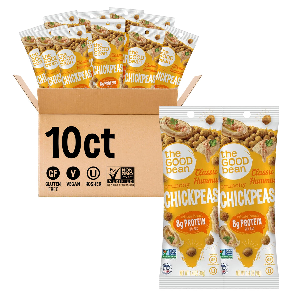 The Good Bean Crunchy Chickpeas with classic hummus seasoning, roasted to a crunchy snack