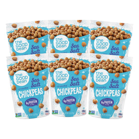 The Good Bean Crunchy Chickpeas sea salt bag showcases a savory, protein-rich snack.