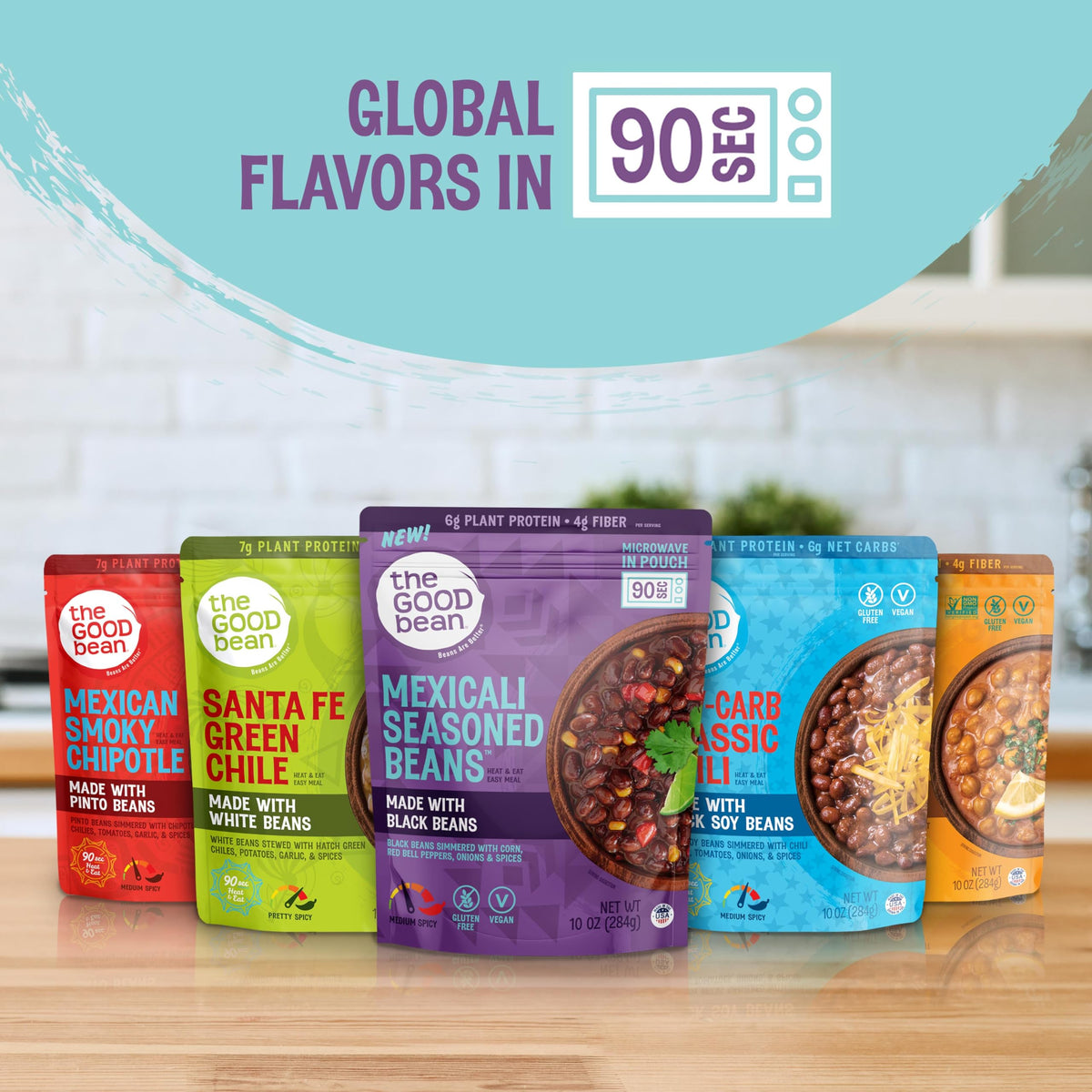 The Good Bean four-pack on shelf conveys convenient plant-based protein.