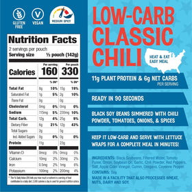 The Good Bean heat and eat pouch back nutrition panel highlights protein and fiber per serving.