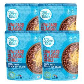 The Good Bean heat and eat pouch front shows convenient single-serve chili option.