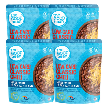 The Good Bean heat and eat pouch front shows convenient single-serve chili option.