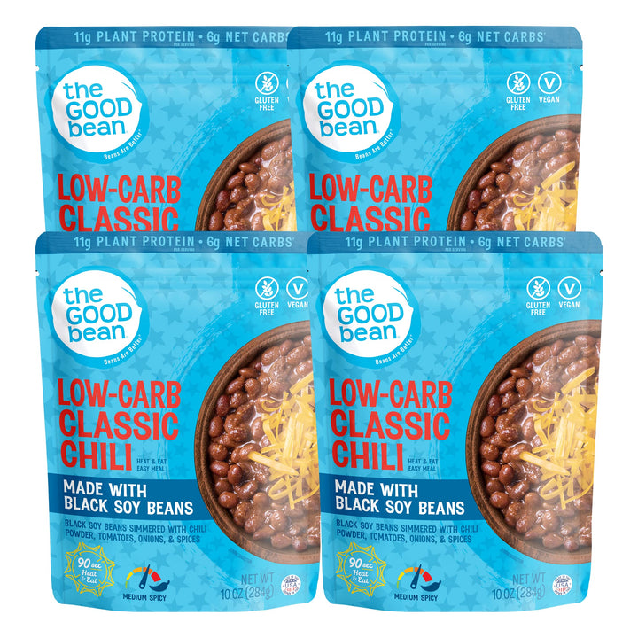 The Good Bean heat and eat pouch front shows convenient single-serve chili option.