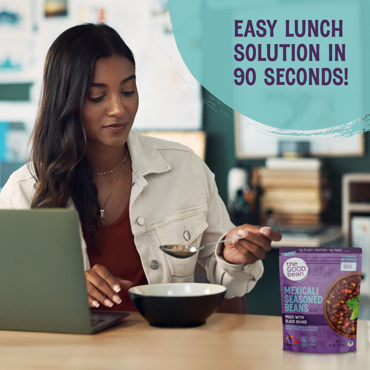 The Good Bean Mexicali pouch showcases bright, zesty beans for bowls and sides.