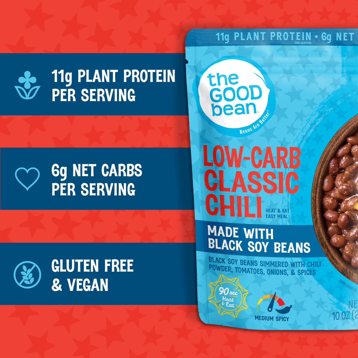 The Good Bean pouch microwave-ready timer indicates quick 90-second heating.