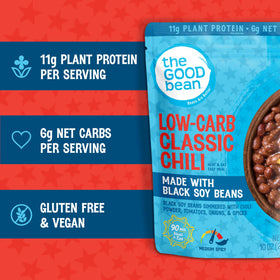 The Good Bean pouch microwave-ready timer indicates quick 90-second heating.