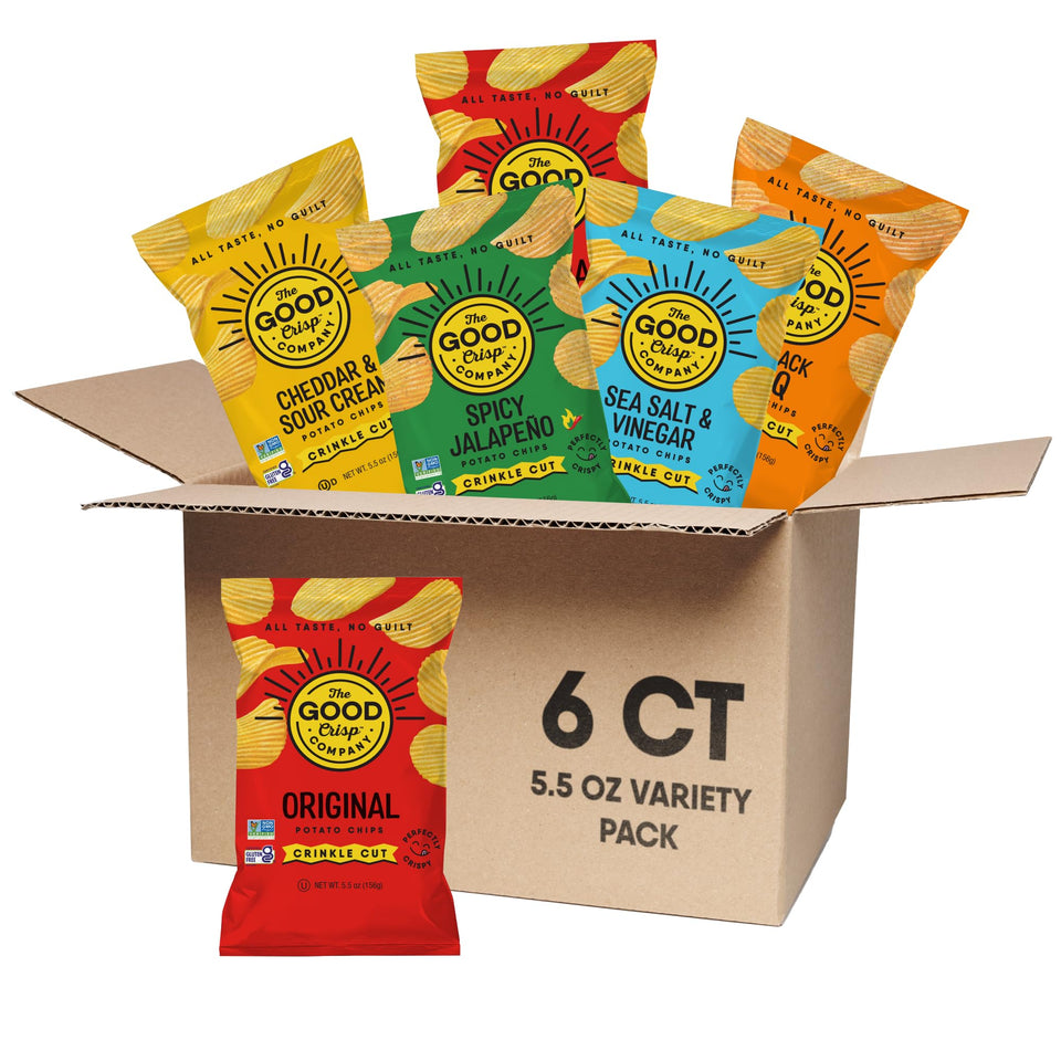 The Good Crisp Company Original crinkle cut chips in a variety pack for on-the-go snacking
