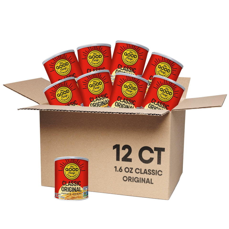 The Good Crisp Company Minis Original gluten-free chips in a can close-up, a gluten-free snack.