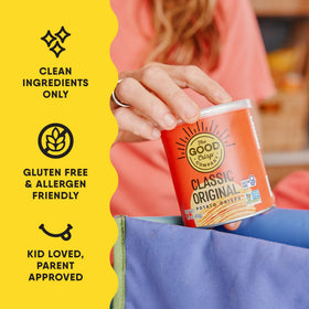 The Good Crisp Company Minis Original gluten-free chips stacked in cans, resealable packaging for on-the-go snacking.