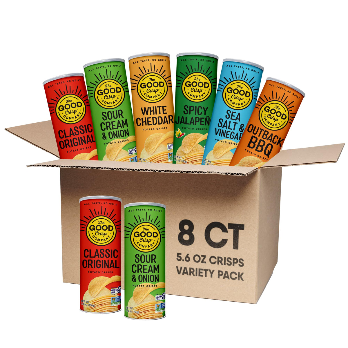 The Good Crisp Company Classic Original can showing crispy potato chips for on-the-go snacking.