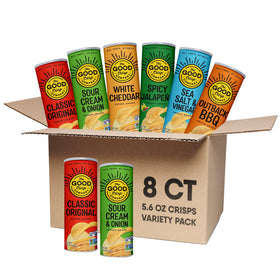 The Good Crisp Company Classic Original can showing crispy potato chips for on-the-go snacking.