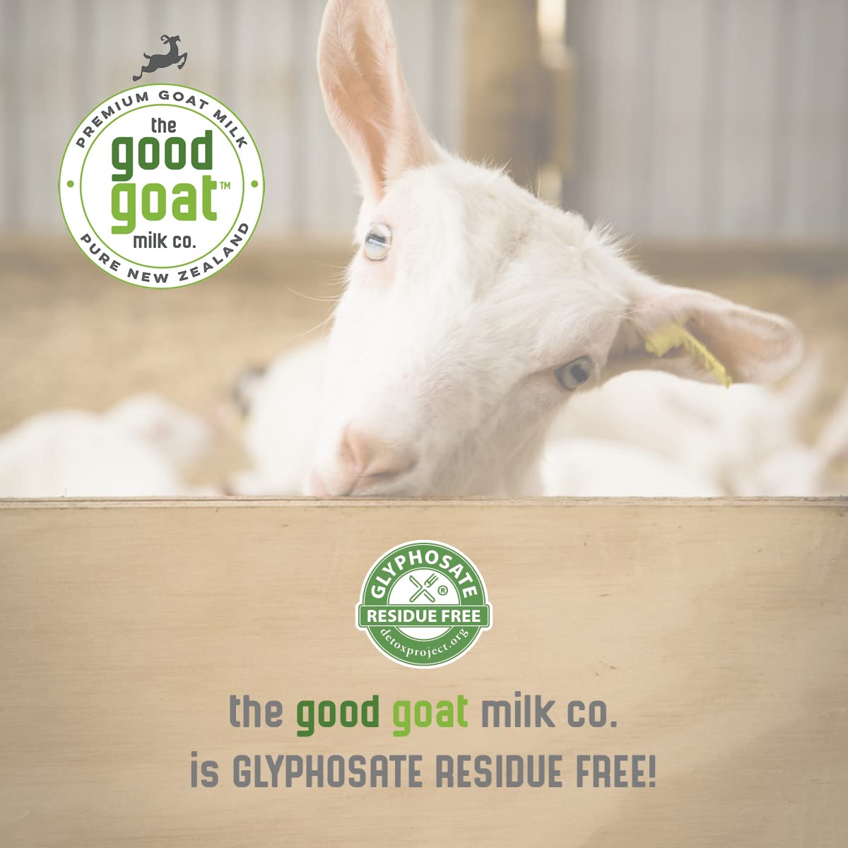 The Good Goat Milk Company Detox Project badge signals glyphosate-free assurance.