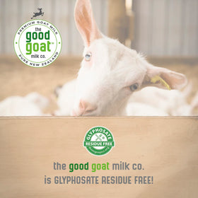 The Good Goat Milk Company Detox Project badge signals glyphosate-free assurance.