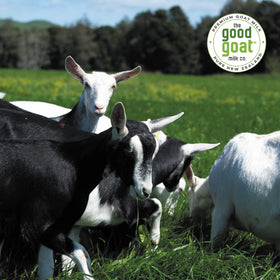 The Good Goat Milk Company label closeup communicates purity and ingredients.