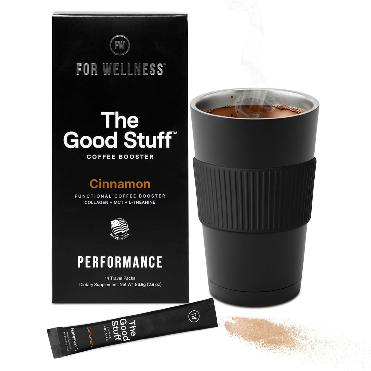 For Wellness The Good Stuff cinnamon coffee booster bottle showing steady energy potential