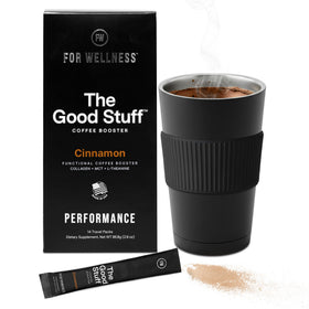 For Wellness The Good Stuff cinnamon coffee booster bottle showing steady energy potential