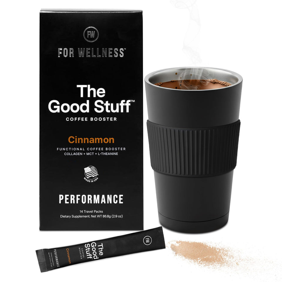 For Wellness The Good Stuff cinnamon coffee booster bottle showing steady energy potential