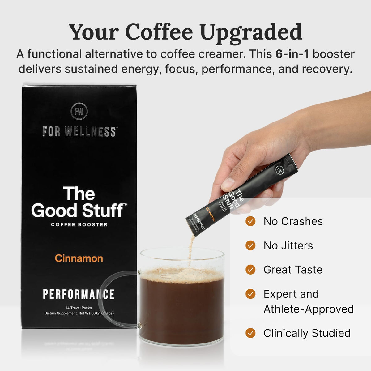 Pouring The Good Stuff cinnamon coffee booster into coffee for smooth integration