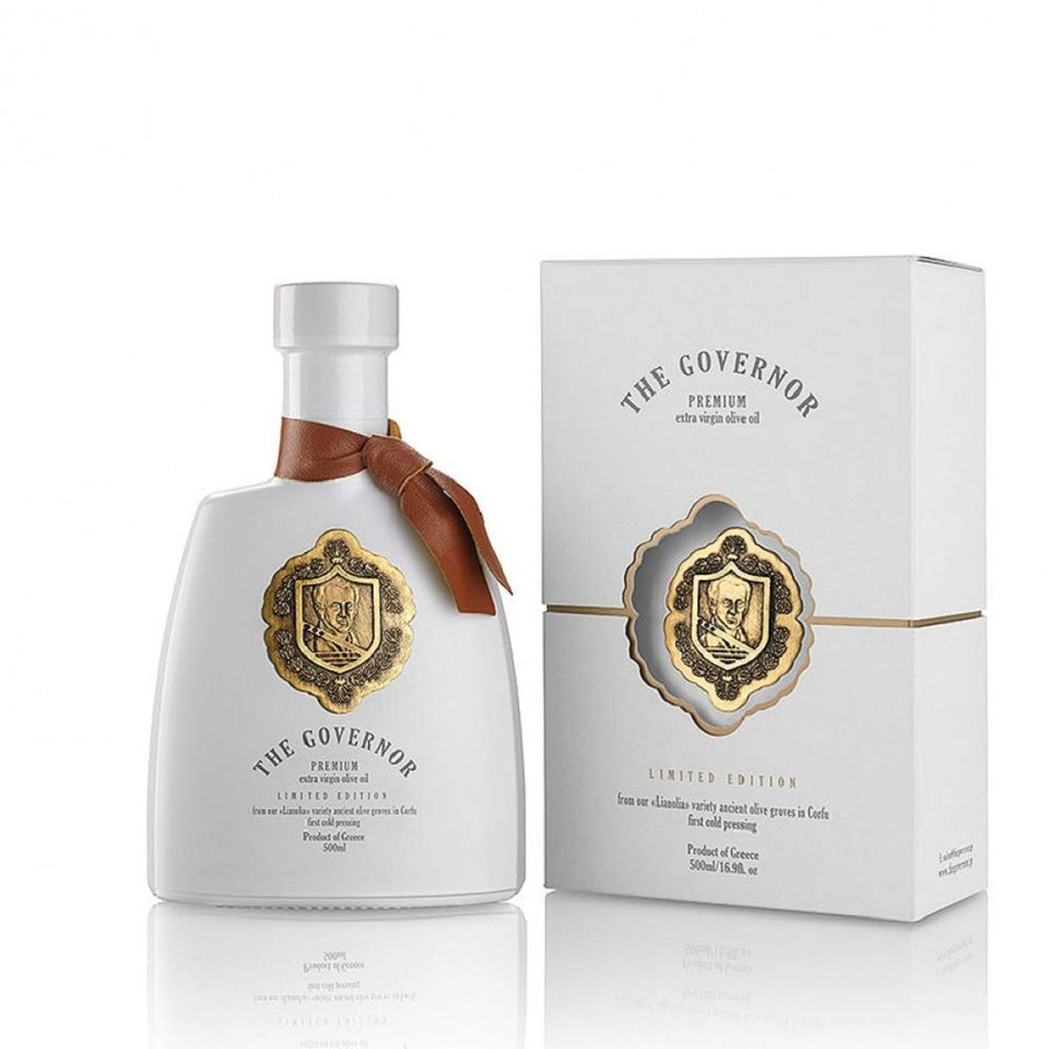The Governor Premium Olive Oil bottle front with premium design, ideal for finishing salads.