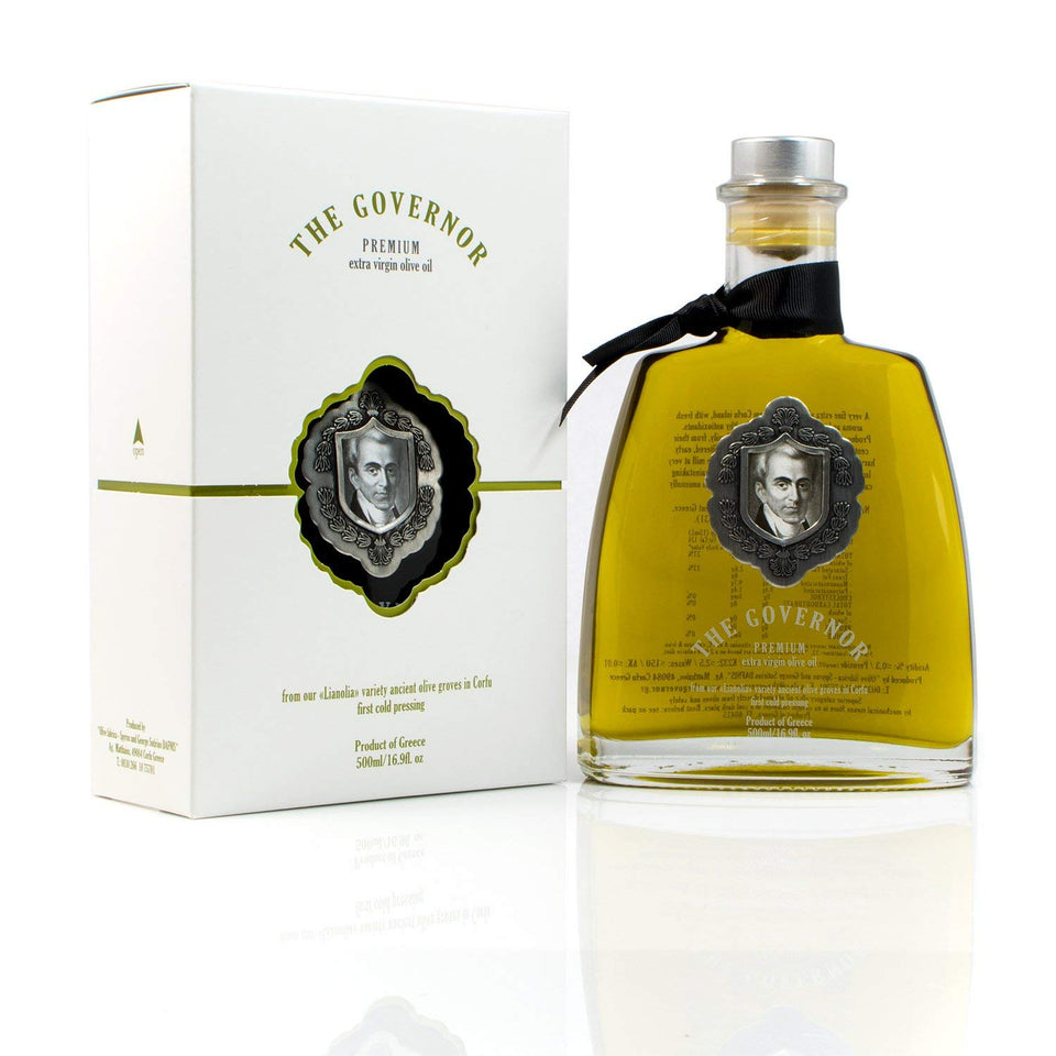 The Governor Premium Olive Oil bottle unfiltered, ideal for finishing dishes with peppery warmth.