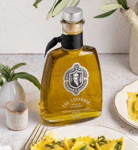 The Governor Premium Olive Oil from Corfu olives, enhances roasted vegetables with robust flavor.