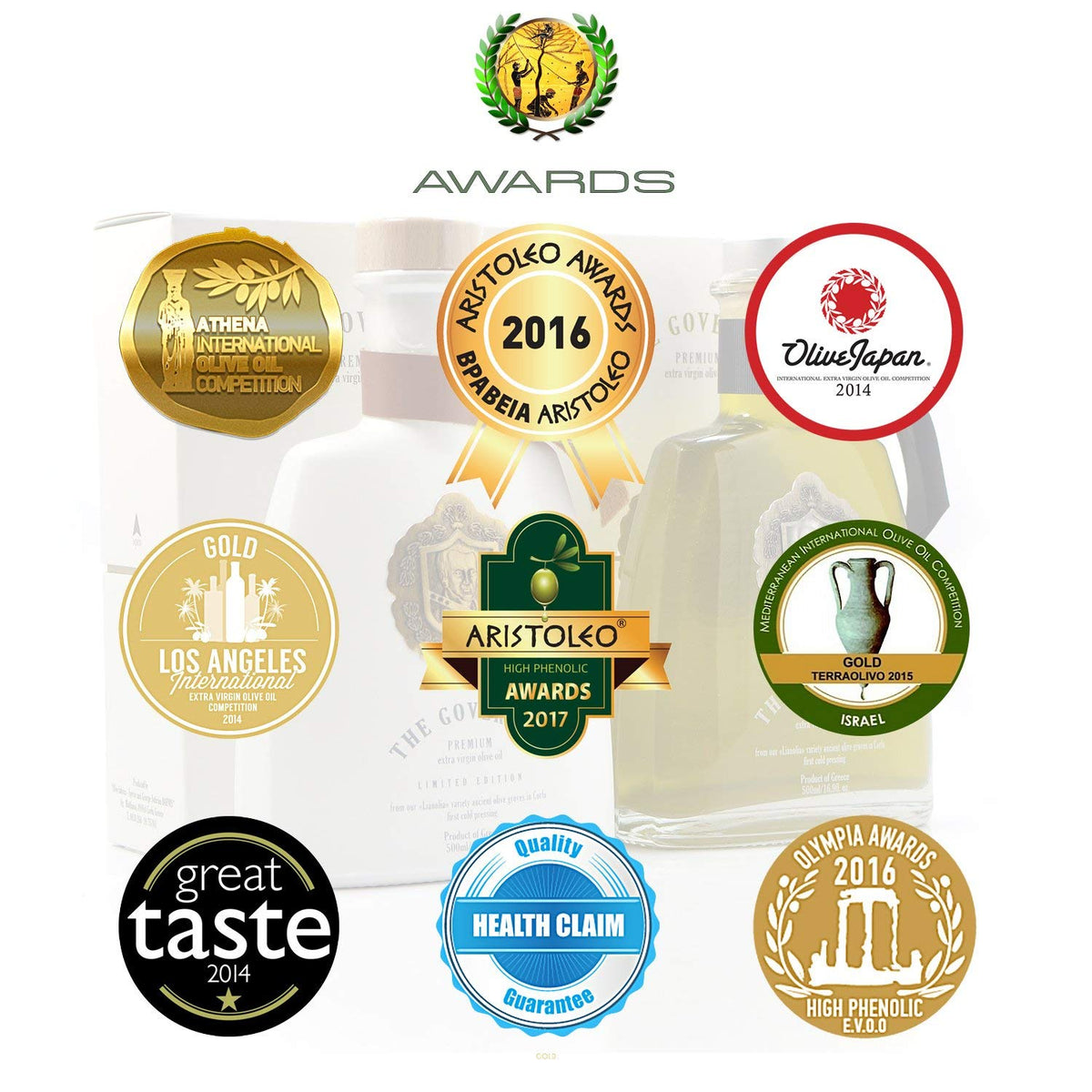 The Governor Premium Olive Oil elegant packaging emphasizes premium quality.