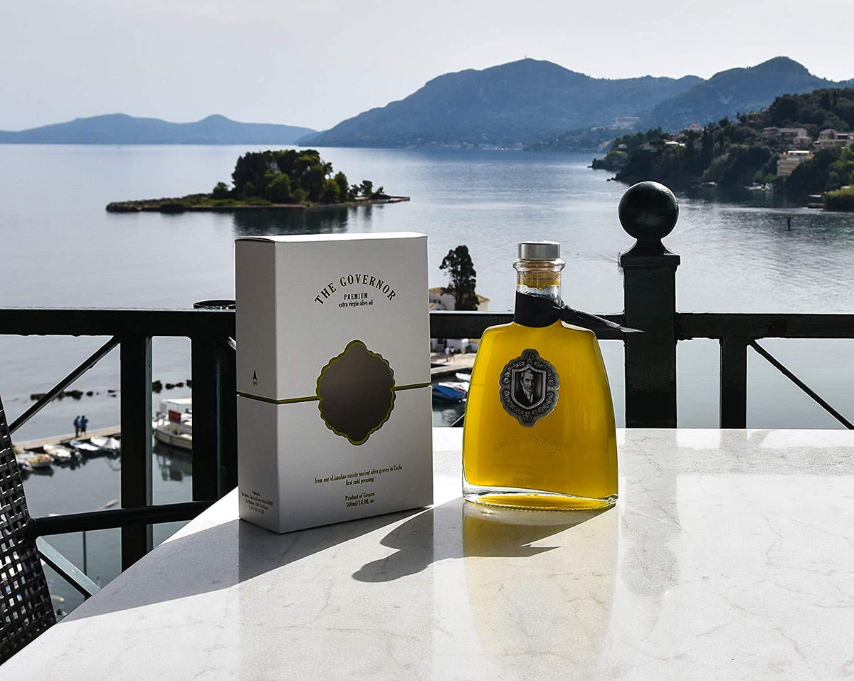 The Governor Premium Olive Oil transparent bottle showcases its rich golden color.