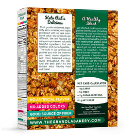 Bag of THE GRANOLA BAKERY Cinnamon Keto Granola front showing non-GMO and gluten-free assurances
