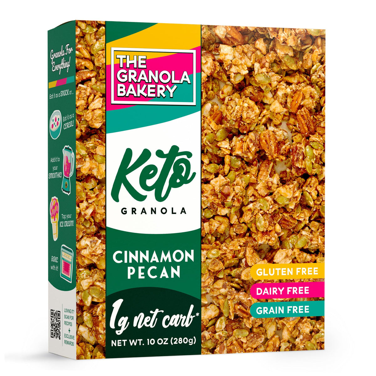 THE GRANOLA BAKERY Cinnamon Keto Granola front label showing gluten-free, low-sugar credentials