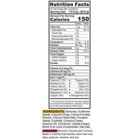 Nutrition panel of THE GRANOLA BAKERY Cinnamon Keto Granola emphasizing low net carbs
