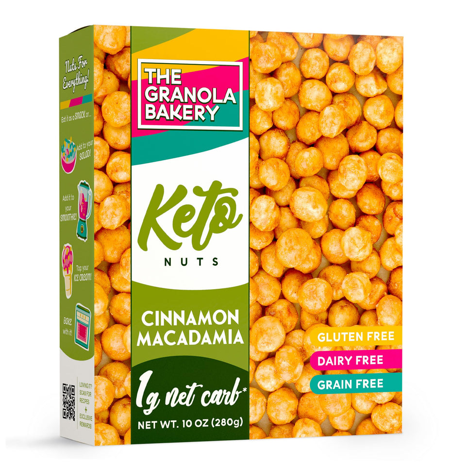 The Granola Bakery Cinnamon Macadamia Nuts front pack showcases gluten-free, low-carb snacking.
