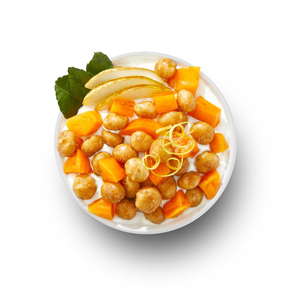 The Granola Bakery Cinnamon Macadamia Nuts ingredients panel emphasizes non-GMO and dairy-free options.