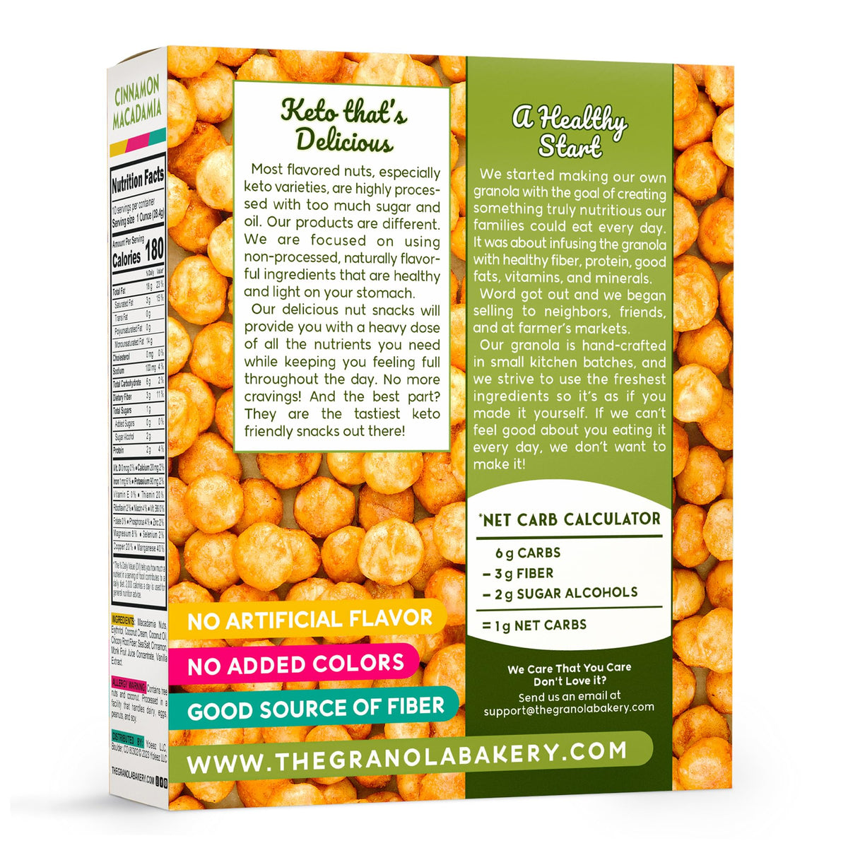 The Granola Bakery Cinnamon Macadamia Nuts serving suggestion plate shows a satisfying, fiber-rich bite.