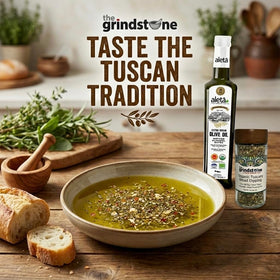 The Grindstone Organic Tuscany bottle with a built-in sifter for precise seasoning.